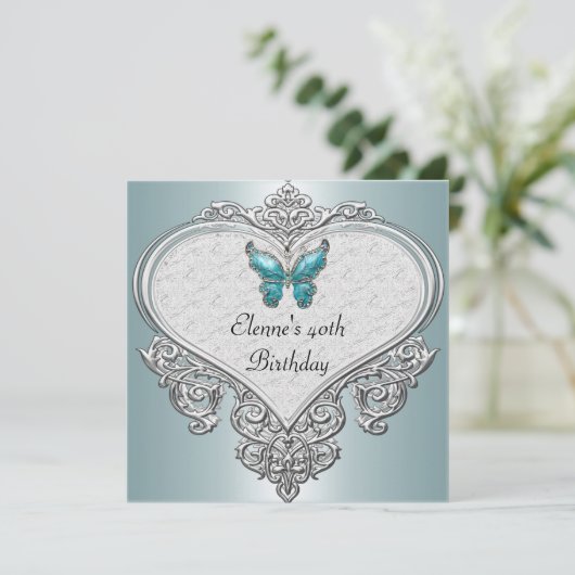 40e Birthday Heart Soft Blauwgroen Blue Butterfly  Kaart (Staand voorkant)