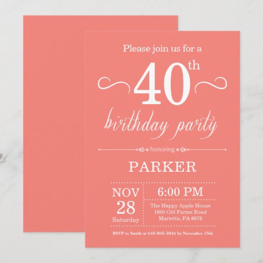 40e Birthday Invitation Coral Kaart (Voorkant / Achterkant)