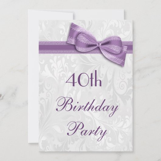 40e Birthday Party Damask and Faux Bow Kaart (Voorkant)