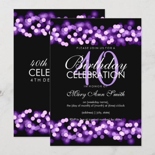 40e Birthday Party Faux Paarse Hollywood Glam Kaart (Voorkant / Achterkant)