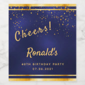 40e Birthday party marvy blue gold cheers name Wijn Etiket (Enkel label)