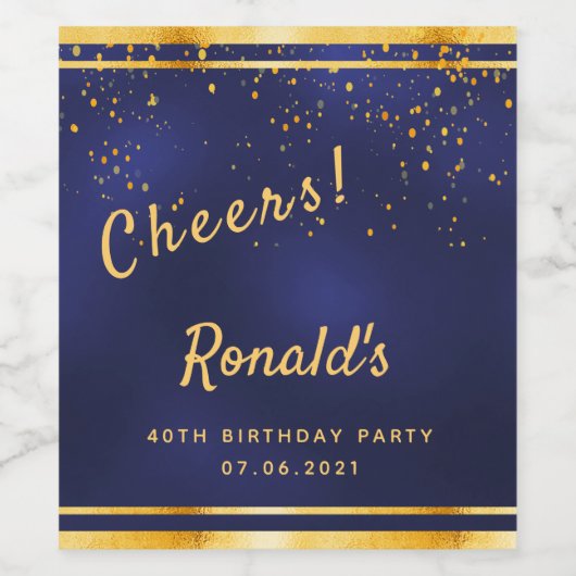 40e Birthday party marvy blue gold cheers name Wijn Etiket (Enkel label)