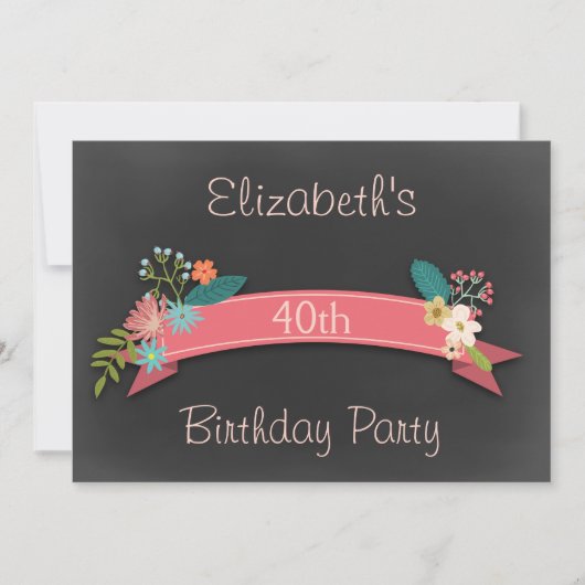 40e Birthday Pink Banner Flowers Chalkboard Kaart (Voorkant)