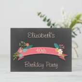 40e Birthday Pink Banner Flowers Chalkboard Kaart (Staand voorkant)