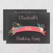 40e Birthday Pink Banner Flowers Chalkboard Kaart (Voorkant / Achterkant)