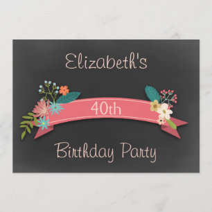 40e Birthday Pink Banner Flowers Chalkboard Kaart