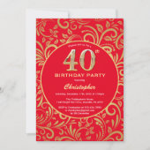 40e Birthday Red en Gold Floral Pattern Kaart (Voorkant)