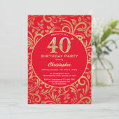 40e Birthday Red en Gold Floral Pattern Kaart (Staand voorkant)