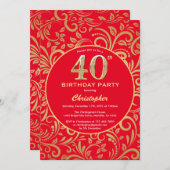 40e Birthday Red en Gold Floral Pattern Kaart (Voorkant / Achterkant)