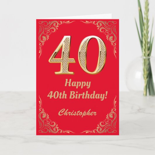 40e Birthday Red en Gold Glitter Lijst Kaart (Voorkant)