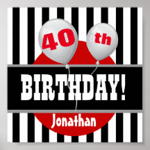 40e Birthday Stripes en ballon BLACK RED A05