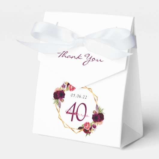 40e Birthday white florals geometric burgundy Bedankdoosjes (Voorkant Zijde)