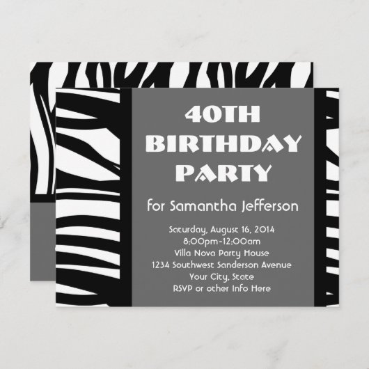 40e Black+White Zebra Uitnodigingen (Voorkant / Achterkant)