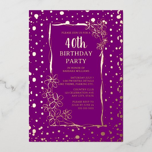 40e Bloemen Aangepaste Verjaardagsfeest Glam Glitz Folie Uitnodiging (Voorkant)