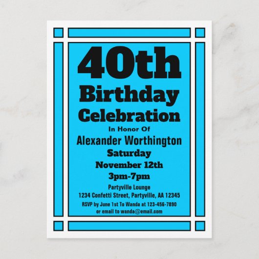 40e Bright Blue Birthday Invitation Briefkaart (Voorkant)