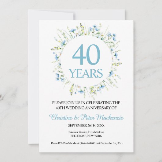 40e bruiloft Blue Wildflower Jubileum Kaart (Voorkant)