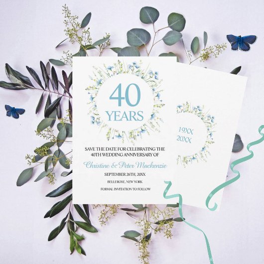 40e bruiloft Blue Wildflower Jubileum Save The Date