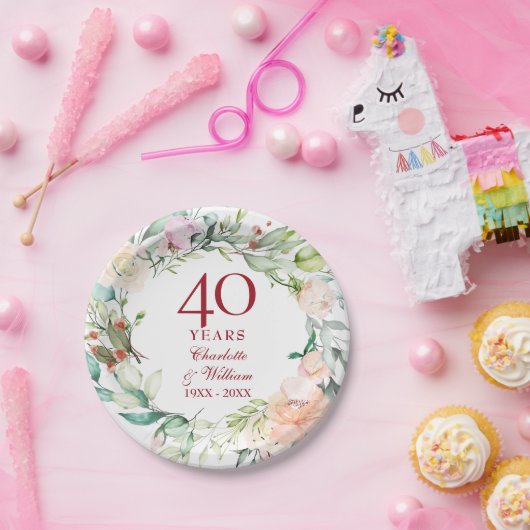 40e bruiloft chique rozen bloemig papieren bordje (Feest)