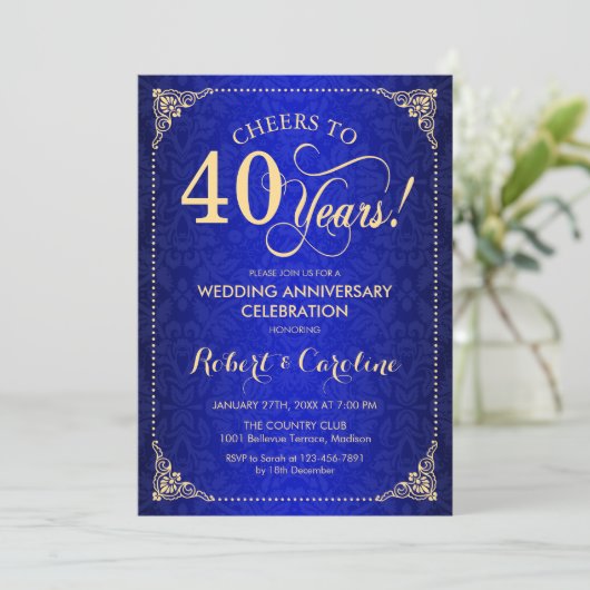 40e bruiloft Jubileum - Blauw Goud Damask Kaart (Staand voorkant)