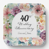 40e bruiloft Jubileum Elegant Script Floral Papieren Bordje (Voorkant)