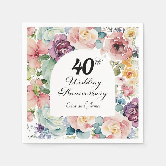 40e bruiloft Jubileum Elegant Script Floral Servet (Voorkant)