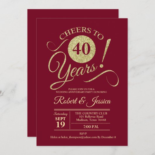 40e bruiloft Jubileum Gold Ruby Rood Kaart (Voorkant / Achterkant)