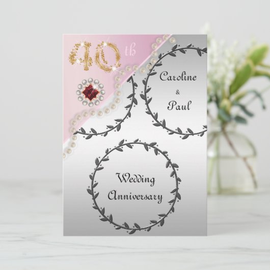 40e bruiloft Jubileum in reliëf van zilveren Roos Kaart (Staand voorkant)