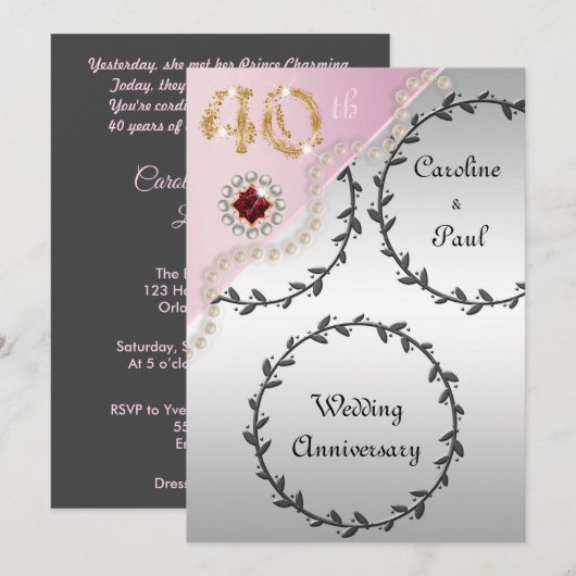 40e bruiloft Jubileum in reliëf van zilveren Roos Kaart (Voorkant / Achterkant)