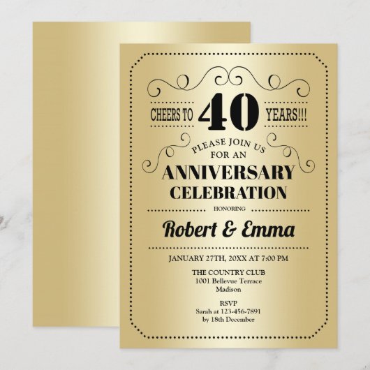 40e bruiloft Jubileum Party - Goud Zwart Kaart (Voorkant / Achterkant)