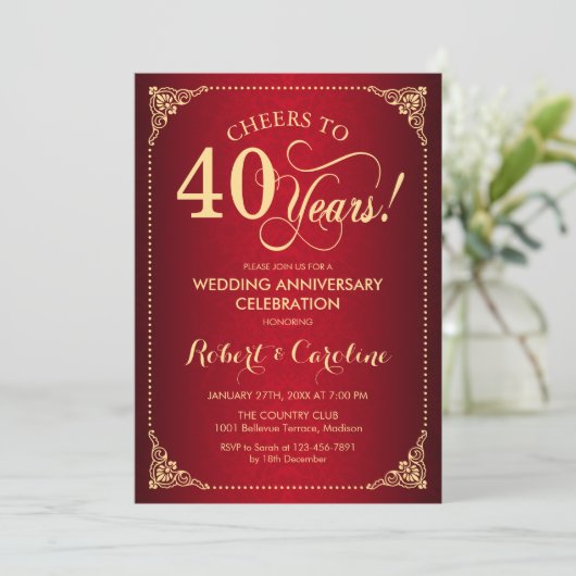 40e bruiloft Jubileum - Rood Goud Damask Kaart (Staand voorkant)