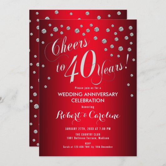40e bruiloft Jubileum - Rood & Zilver Kaart (Voorkant / Achterkant)