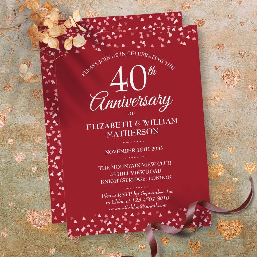 40e bruiloft Jubileum Ruby Hearts Invitation Kaart