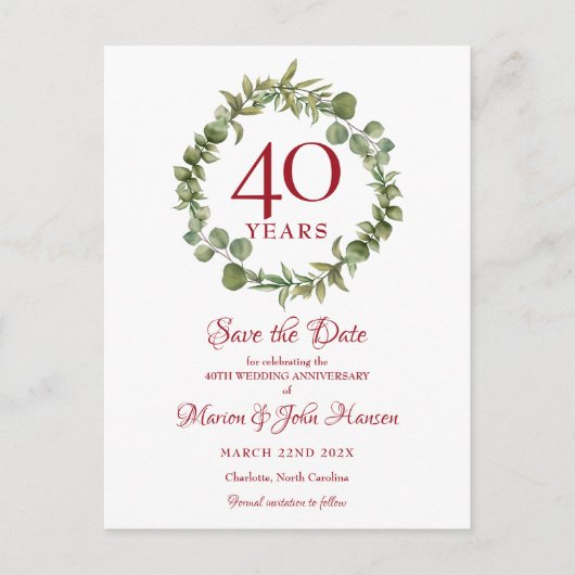 40e bruiloft Jubileum Ruby Save the Date Aankondigingskaart (Voorkant)