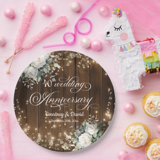 40e bruiloft Jubileum Rustieke String Lights Papieren Bordje (Feest)