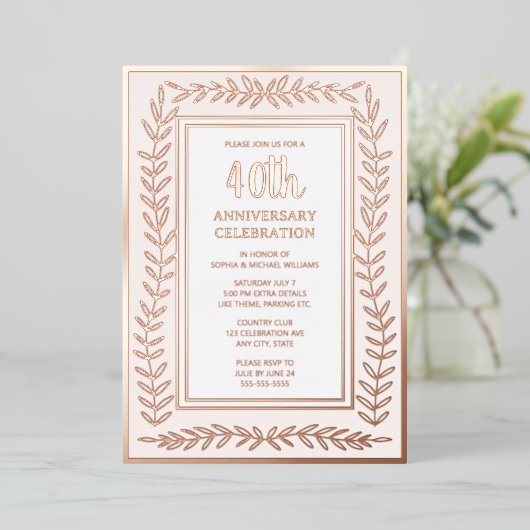 40e bruiloft Jubileum uitnodiging Botanisch Roos (Staand Voorkant)