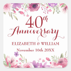 40e bruiloft Jubileum Waterverf Rozen Bloemen Vierkante Sticker