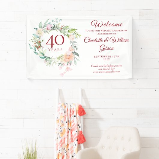 40e bruiloft Ruby Jubileum Rozen Floral Welkom Spandoek (Insitu)