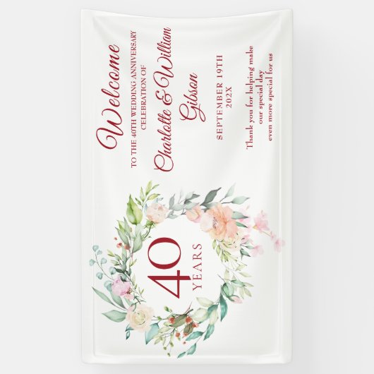40e bruiloft Ruby Jubileum Rozen Floral Welkom Spandoek (Verticaal)