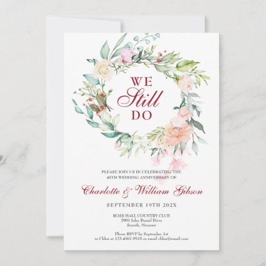 40e bruiloft Ruby Jubileum Vow Renewal Floral Kaart (Voorkant)