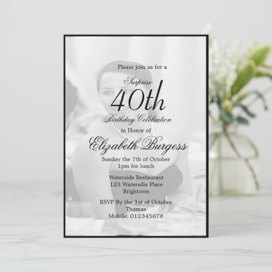 40e Classy Elegant Photo Monogram Birthday Kaart (Staand voorkant)