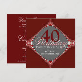 40e Donkerrood & Grijs Elegante Verjaardagsfeest I Kaart (Voorkant / Achterkant)