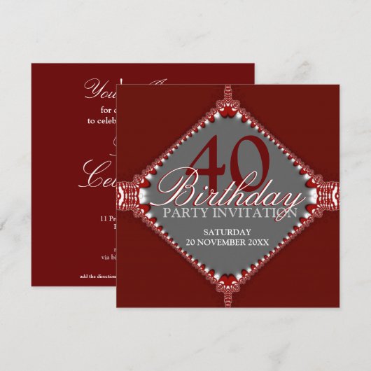 40e Donkerrood & Grijs Elegante Verjaardagsfeest I Kaart (Voorkant / Achterkant)