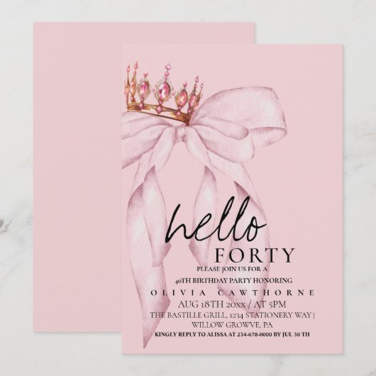 40e Dusty Roos Bow Surprise Verjaardagsfeest Kaart (Voorkant / Achterkant)