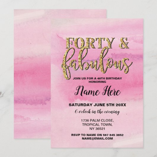 40e en Fabulous Birthday Party roze 40e uitnodigin Kaart (Voorkant / Achterkant)