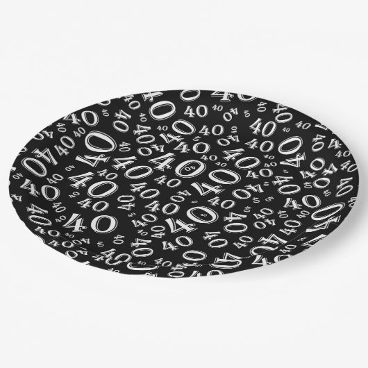 40e geboorte-nummerpatroon zwart-wit papieren bordje (Gekanteld)