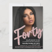 40e geboortedag, fotoscript glitter roos roze kaart (Voorkant)