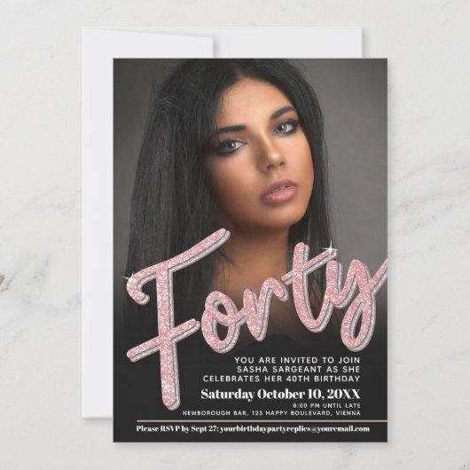 40e geboortedag, fotoscript glitter roos roze kaart (Voorkant)