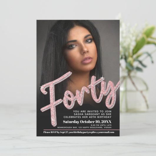 40e geboortedag, fotoscript glitter roos roze kaart (Staand voorkant)