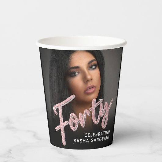 40e geboortedag, fotoscript glitter roze papieren bekers (Achterkant)