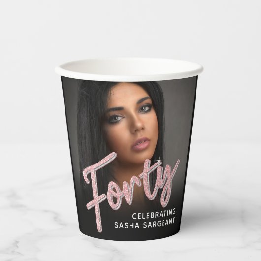 40e geboortedag, fotoscript glitter roze papieren bekers (Voorkant)